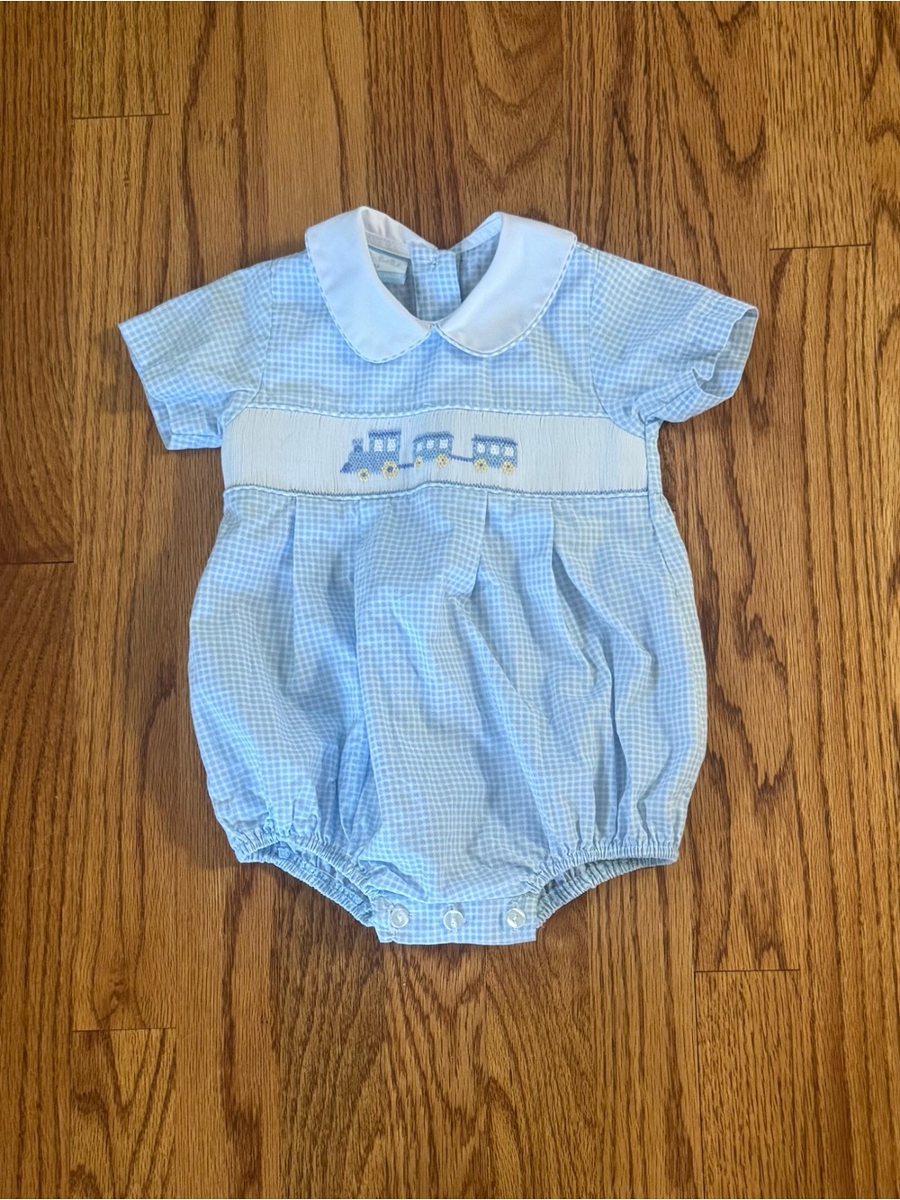 3M Hand Smocked Blue Gingham Train Baby Boy Bubble Romper